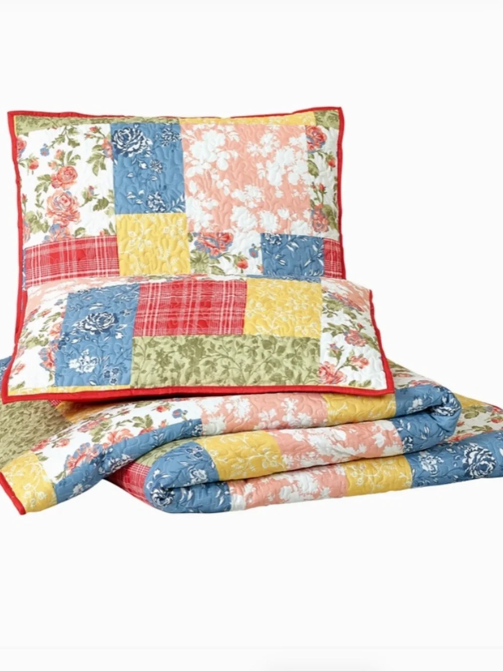 Farmhouse Floral Patchwork Printed Queen Size Quilt Set Cottagecore Shabby Chic